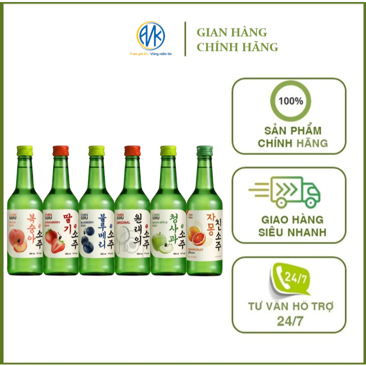Chin Soju 9Chum Đủ Hương Vị Các Loại Hoa Quả Chính Hãng, Chai Thủy Tinh 360ml