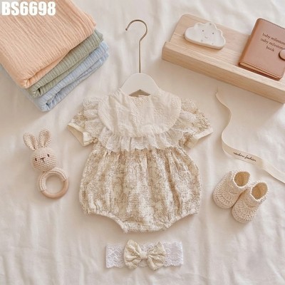 Set Đồ Liền Thân Body Yếm Ren Cổ Rời Băng Đô Kem Bé Gái Sơ Sinh 1 2 Tuổi MINTSCLOSET - BS6698