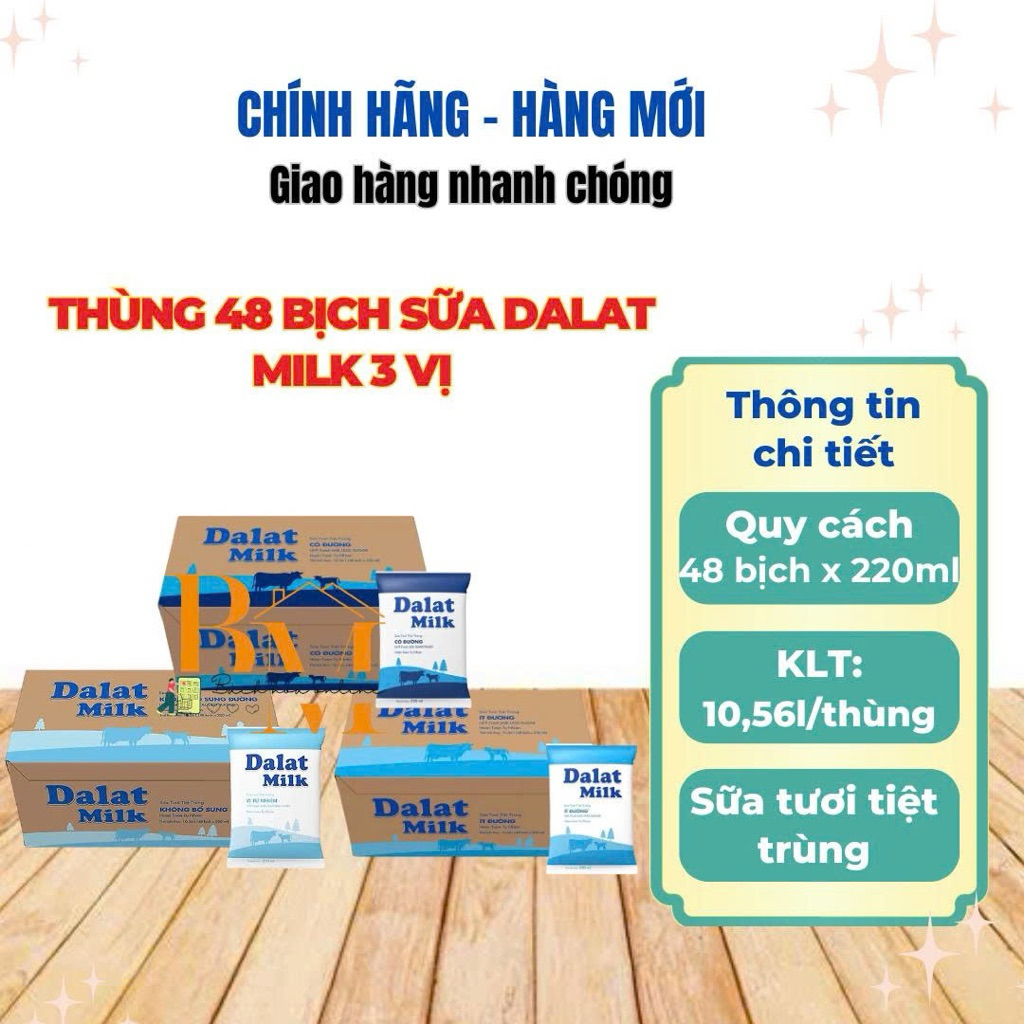 Thùng 48 Bịch Sữa Tươi DALAT MILK vị Không Đường / Ít Đường / Có Đường 220ml Date Luôn Mới