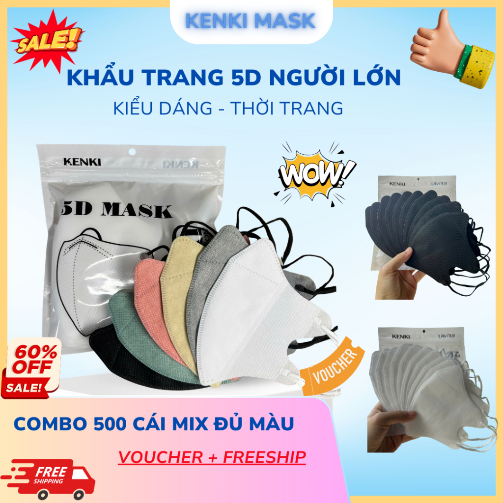Combo 500 Cái Khẩu Trang 5D KENKI Chính Hãng 3 lớp Kháng khuẩn dày dặn Cao cấp