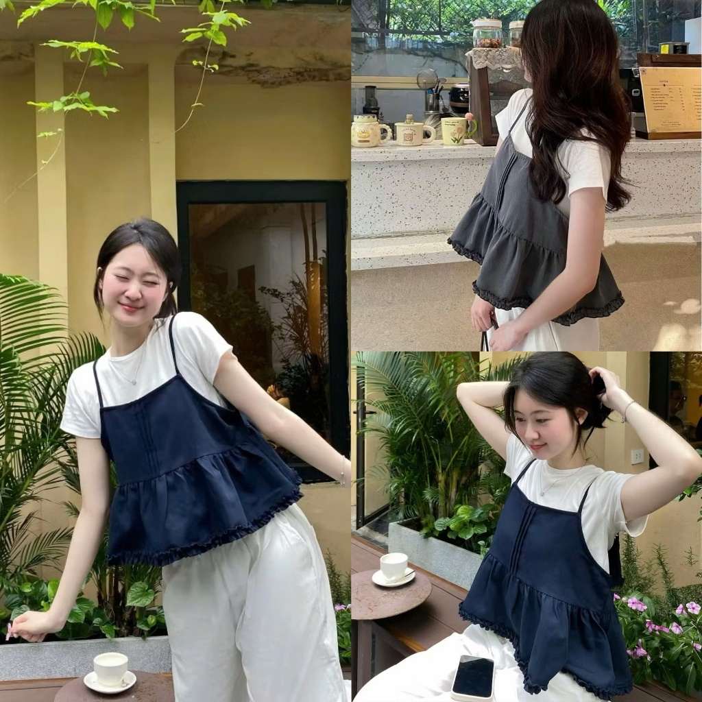 Set áo nữ babydoll phối bèo gồm á 2 dây và áo trắng mặc bên trong