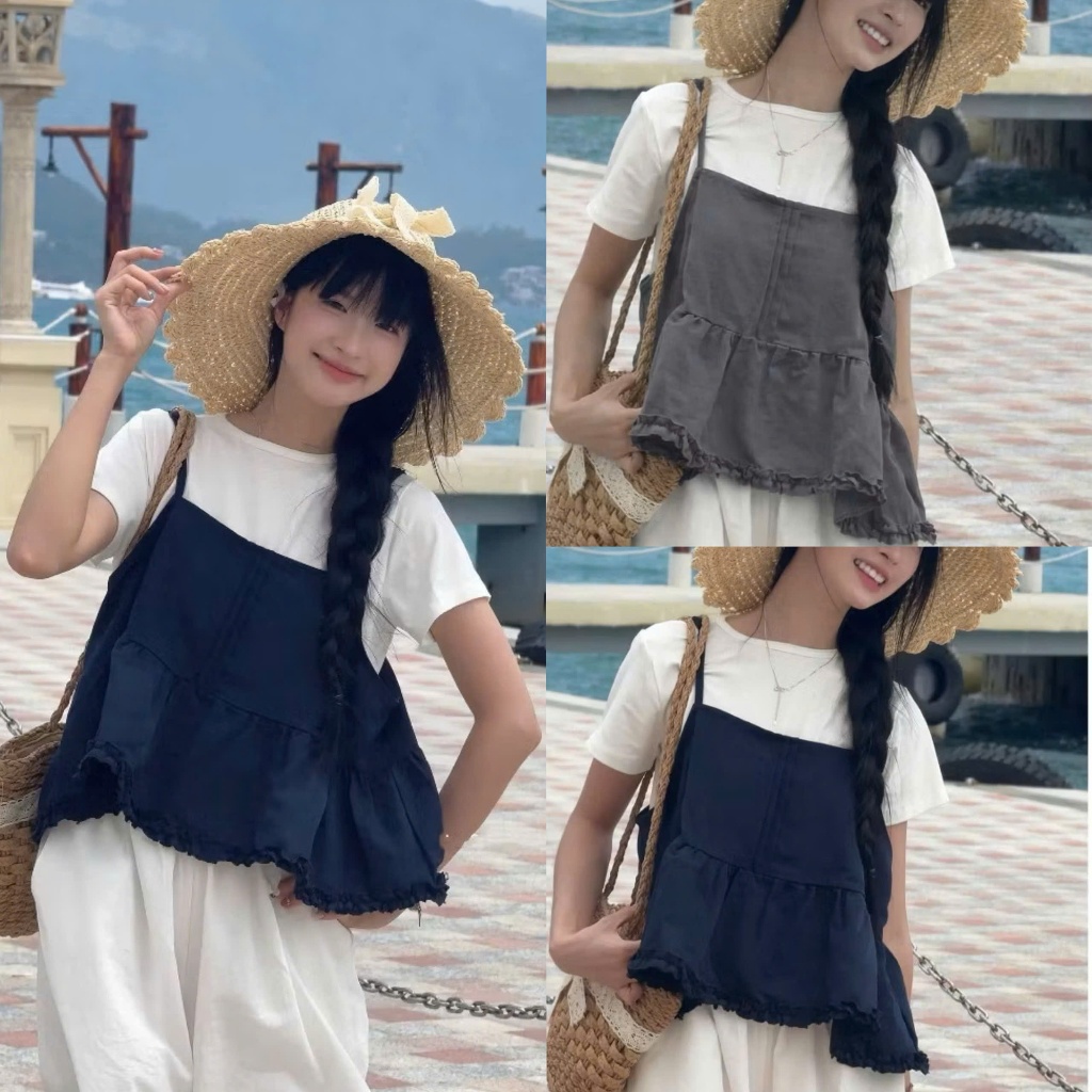 Set áo nữ babydoll phối bèo gồm á 2 dây và áo trắng