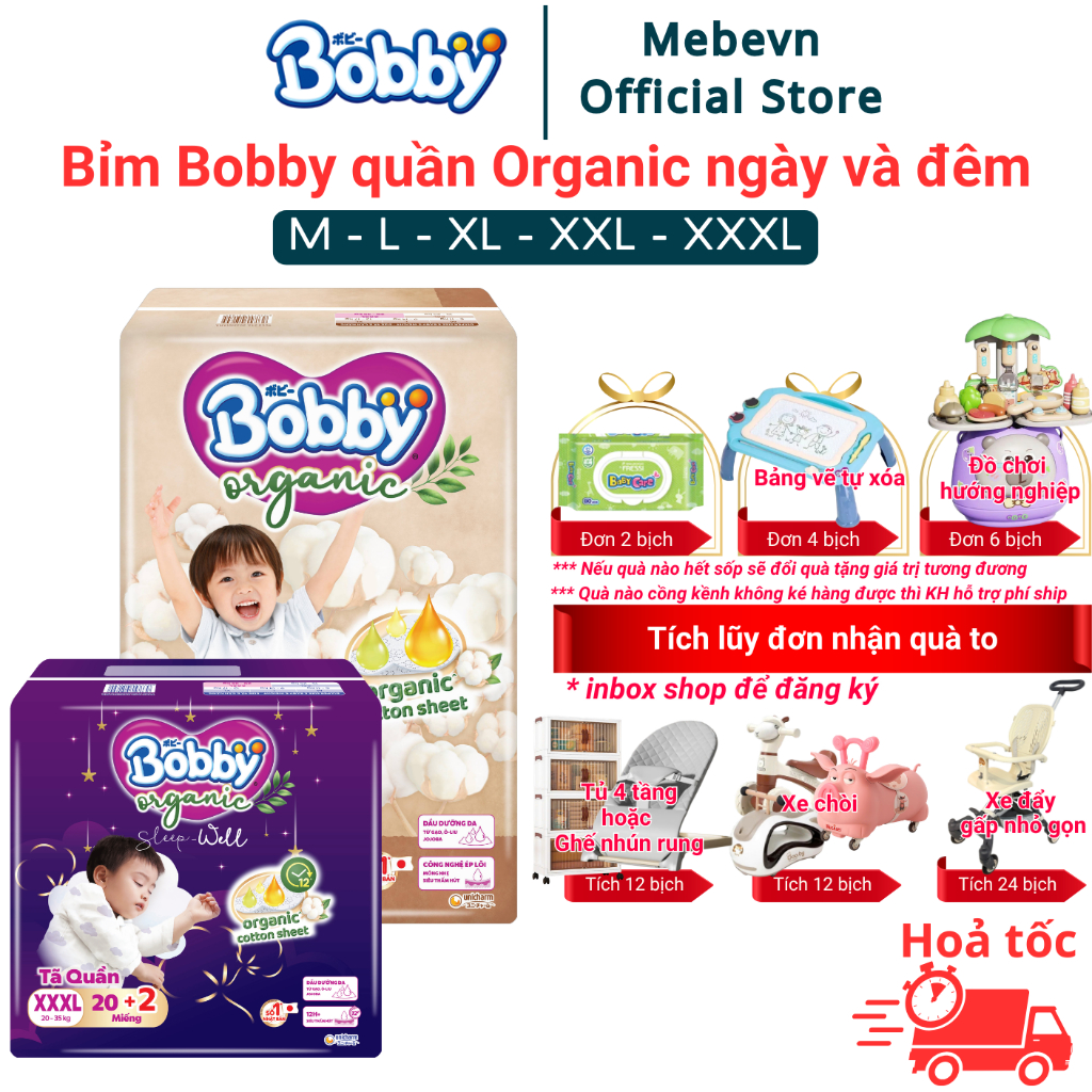 bỉm bobby quần Organic cao cấp 2025, bỉm bobby chính hãng chất liệu tự nhiên, siêu thấm hút cho bé
