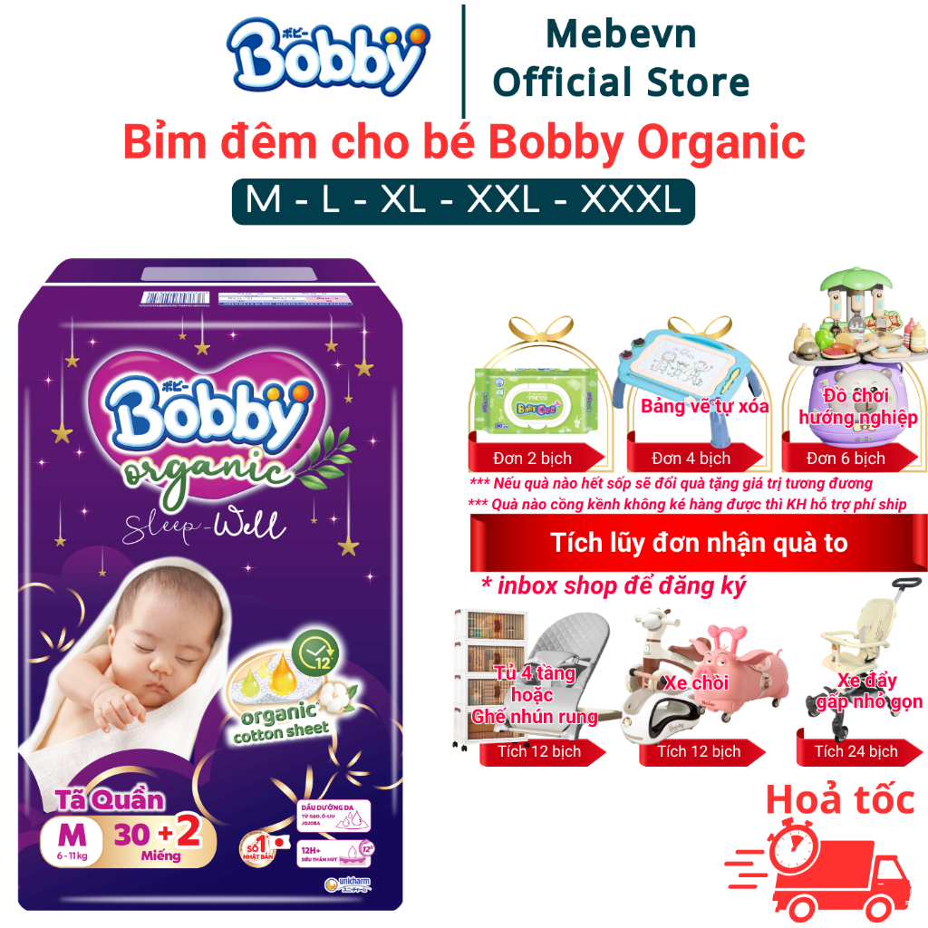 Bỉm đêm cho bé Bobby Organic cao cấp, bỉm bobby quần chính hãng siêu thấm hút đến 12 tiếng