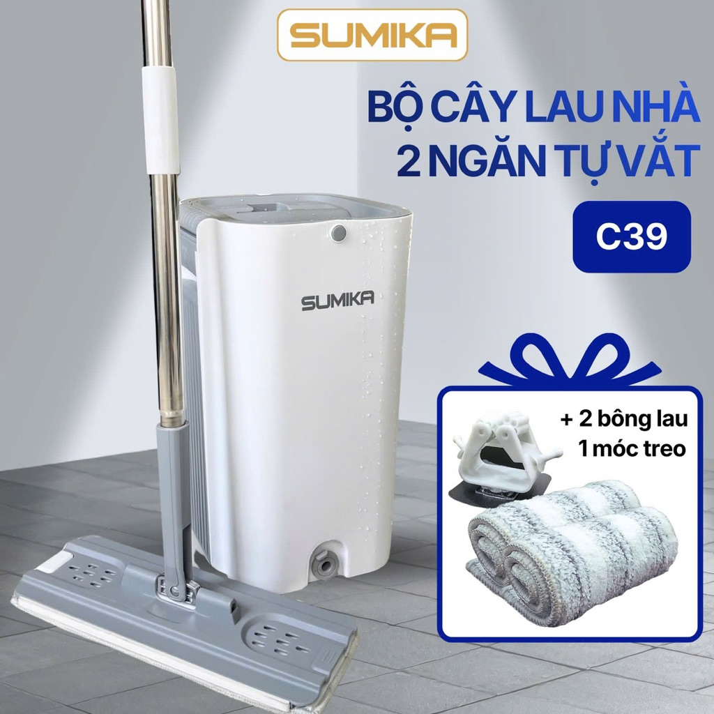 Bộ cây lau nhà SUMIKA C39, thùng lau nhà 2 ngăn tự vắt