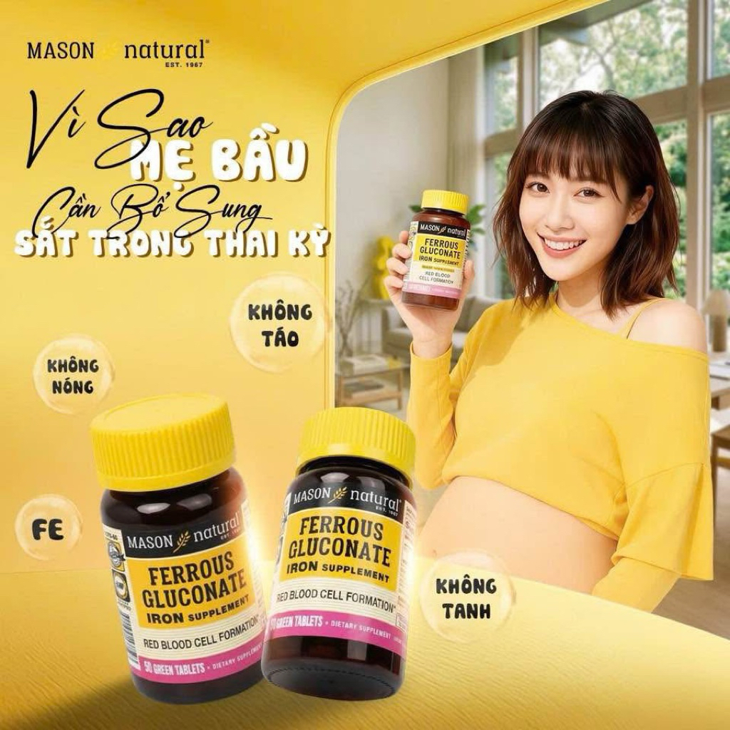 Mason Natural Ferrous Gluconate 100 viên – Sản phẩm bổ sung sắt hữu cơ