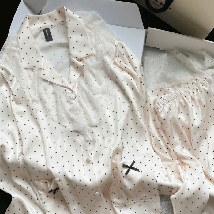 BỘ ĐỒ NGỦ PIJAMA TAY DÀI QUẦN DÀI HOẠ TIẾT DỄ THƯƠNG LỤA CAO CẤP MEY TRẦN