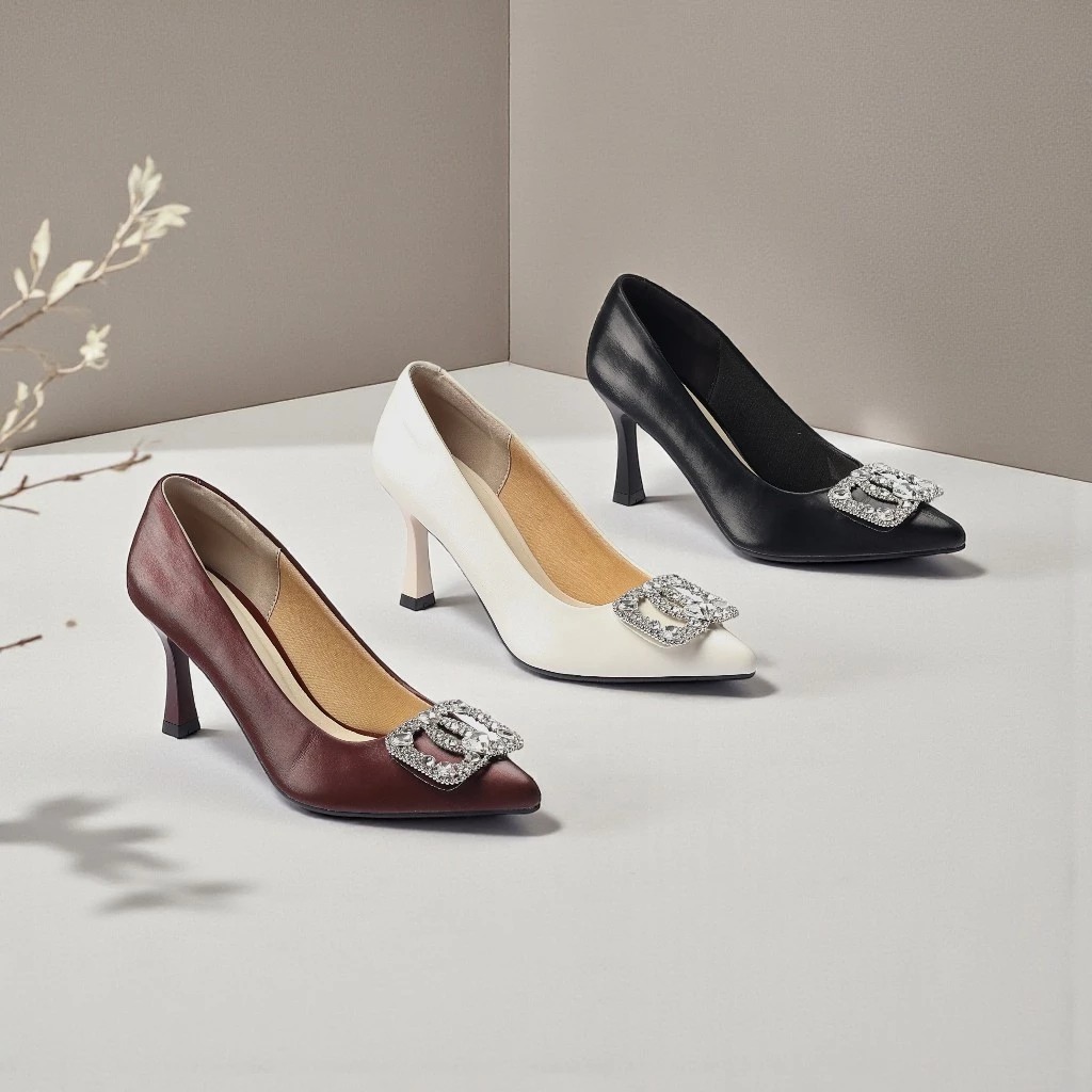 Giày Cao Gót 7.5cm Chất Da Satin Khoá Đá Pixie Pump  Đi Tiệc Đi Chơi Siêu Sang H438 Pixie