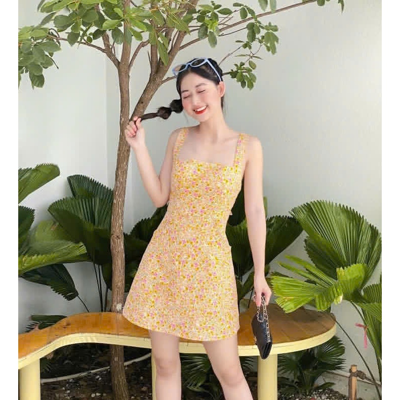 [PASS] Đầm ngắn 2 dây đan chéo lưng hoa nhí dáng xòe nhà jolin ( Ảnh thật shop chụp)