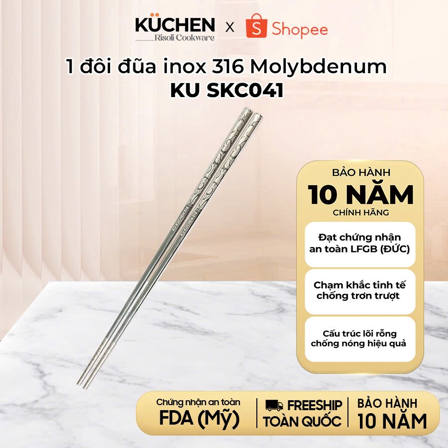 (HCM) Một đôi đũa inox 316 Molybdenum cao cấp chống trượt Kuchen - chống bỏng, bh 10 năm chính hãng 