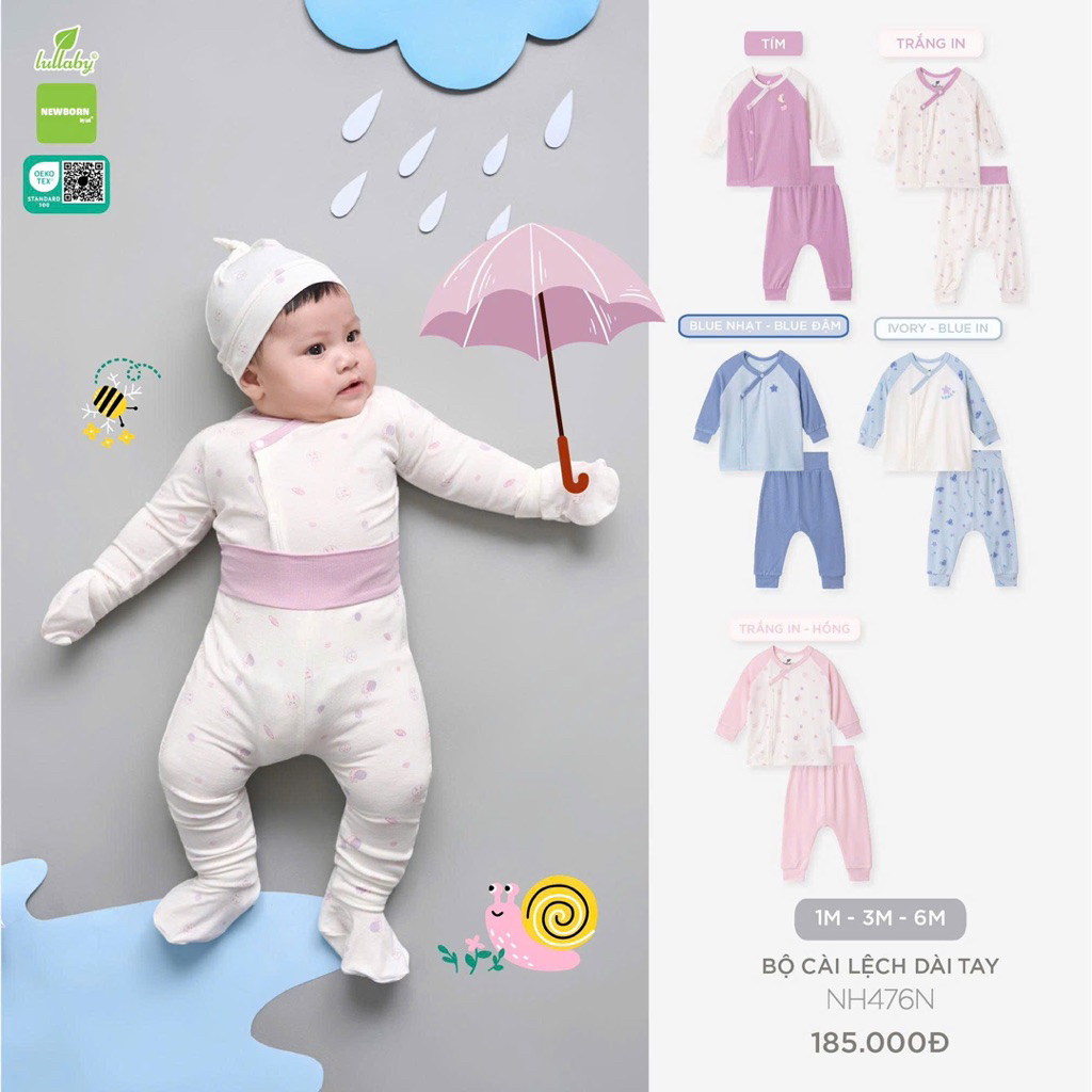 [LULLABY] Bộ Sơ Sinh Dài Tay Chất Petit/Thông Hơi Hãng Lullaby Cho Bé Nb-6m
