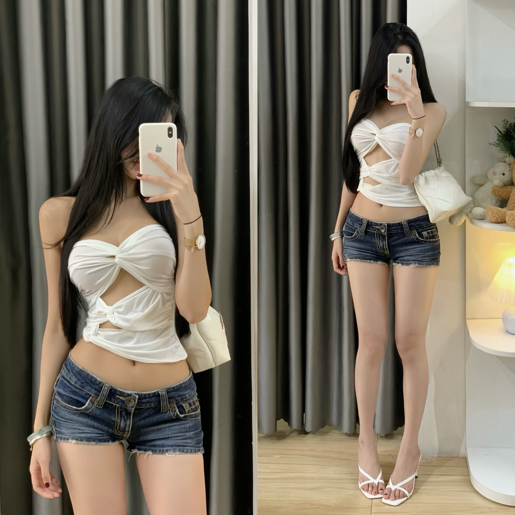 | Hta.boutique | Áo kiểu ống xoắn ngực xẻ dáng ngắn croprop ôm sát