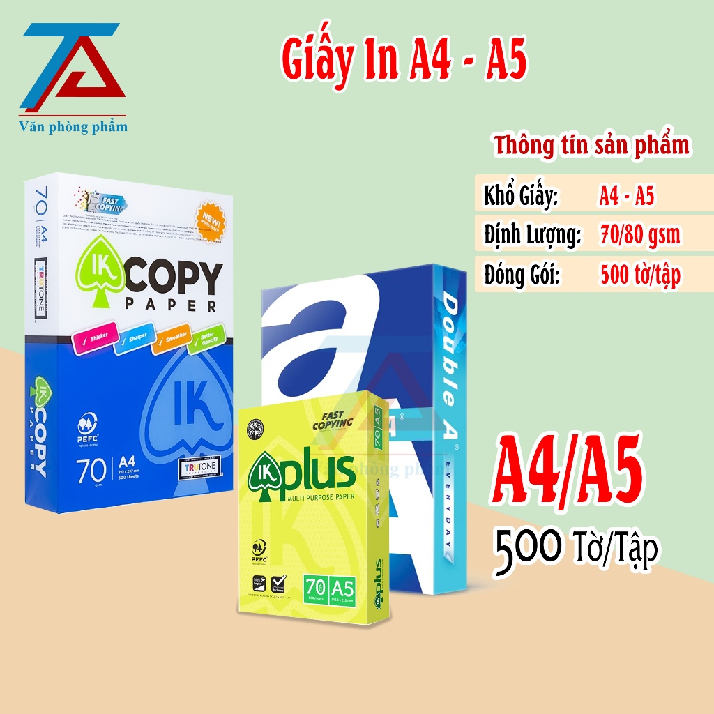 Giấy In A4/A5 Giấy Photo 70/80gsm, Double A, IK Copy, Tập 500 Tờ, Độ Dày Cao - VPP Trường Anh