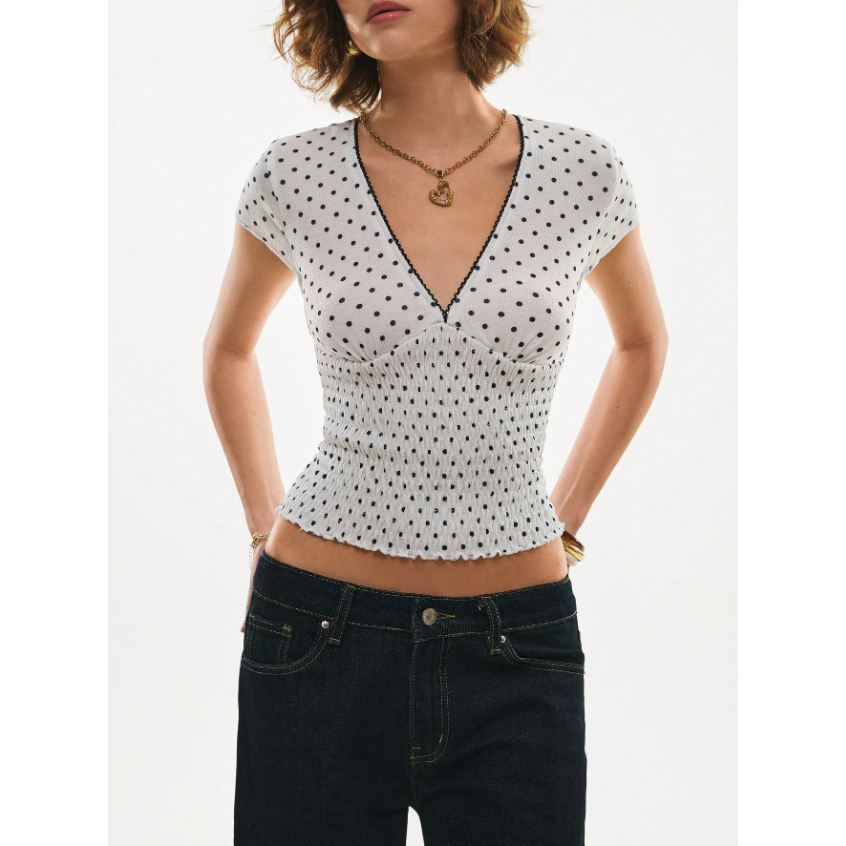 L&M| Women's Polka Dot Print V-Neck Cap Sleeve Fitted Fashion T-Shirt, Cute Summer Top