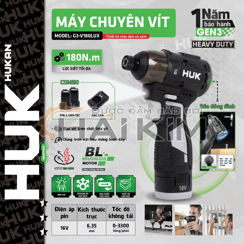 Combo bộ máy chuyên vít búa Hukan (Gen 3) G3-V180LUX
