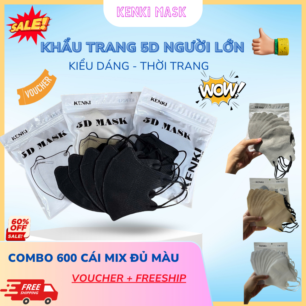 Thùng 600 Cái Khẩu Trang 5D KENKI 3 lớp kháng Khuẩn cao cấp, Chống tia UV