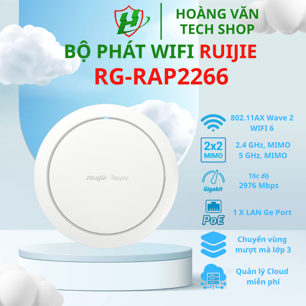 Bộ Phát WiFi 6 Ruijie Reyee RG-RAP2266 AX3000 - Tốc Độ 3000Mbps, Chịu Tải 100+ User, Quản Lý Cloud