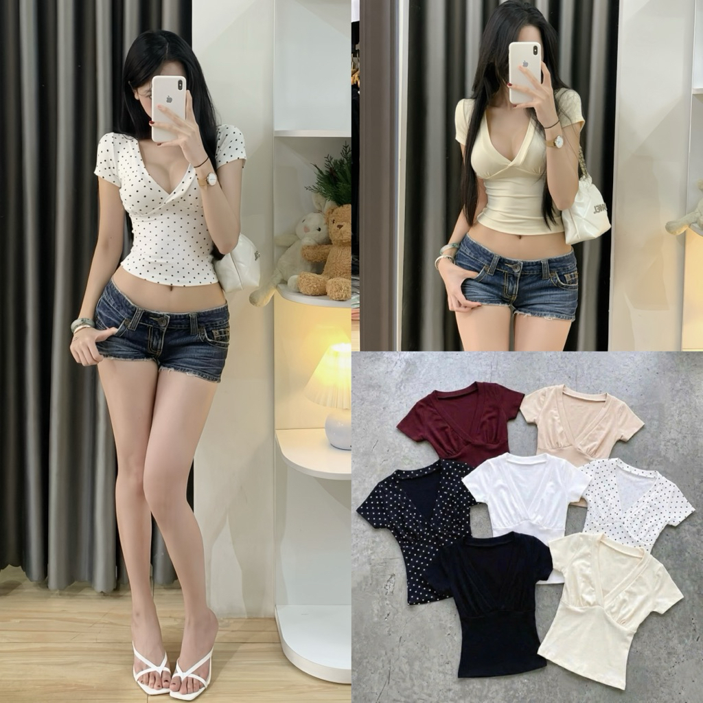 | Hta.boutique | Áo thun ôm croptop cổ V khoét ngực tay ngắn basic dễ phối đồ