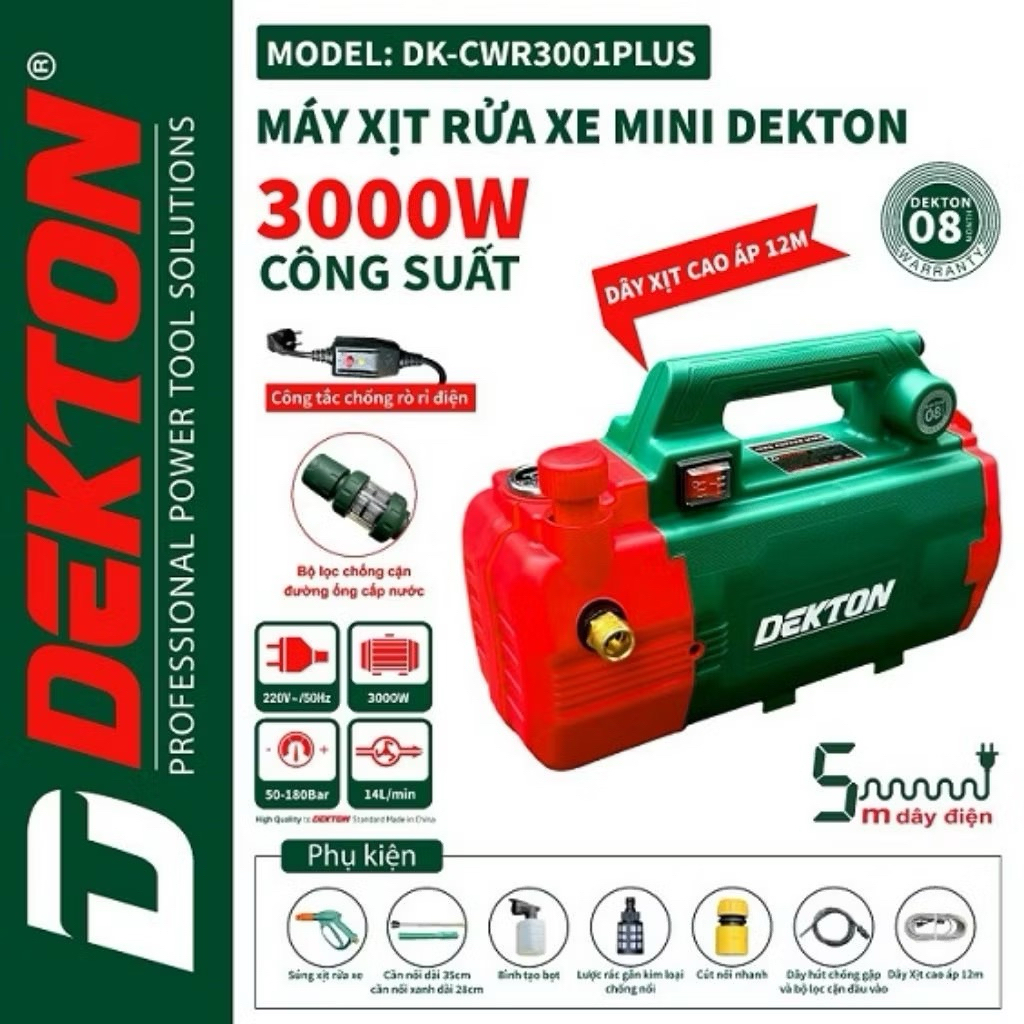 Máy Rửa Xe Dekton DK-CWR 3001PLUS- Công Suất 3000W -Có Chỉnh Áp- Có Công Tắc Chống Giật