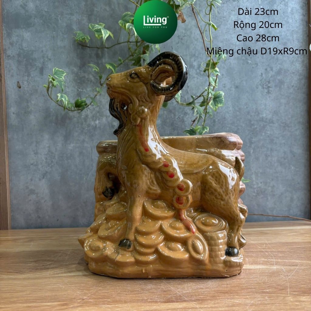 Chậu tượng Dê gốm sứ Bát Tràng - Chậu cây cảnh Bonsai, phong thủy 12 con giáp | Living Decor