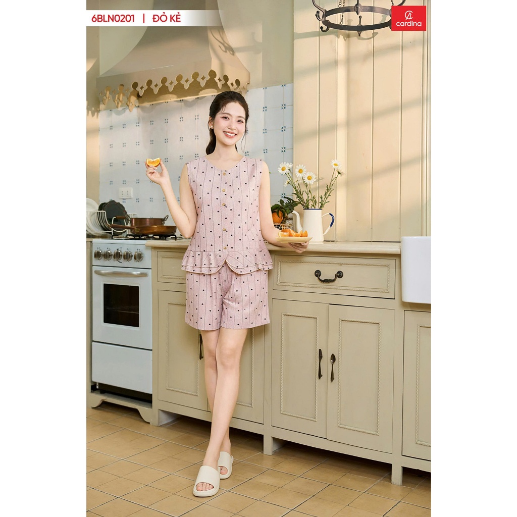 Bộ Đồ Lanh Nữ, Bộ Mặc nhà Cardina Sát Nách Cổ Tròn Gấu Cuốn Bèo 6BLN02