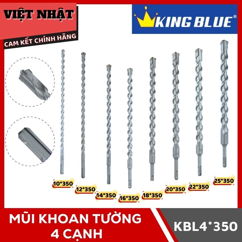Mũi khoan tường 4 cạnh Kingblue KBL4*350 đủ kích thước 10*350-12*350-14*350-16*350-18*350-20*350-22*