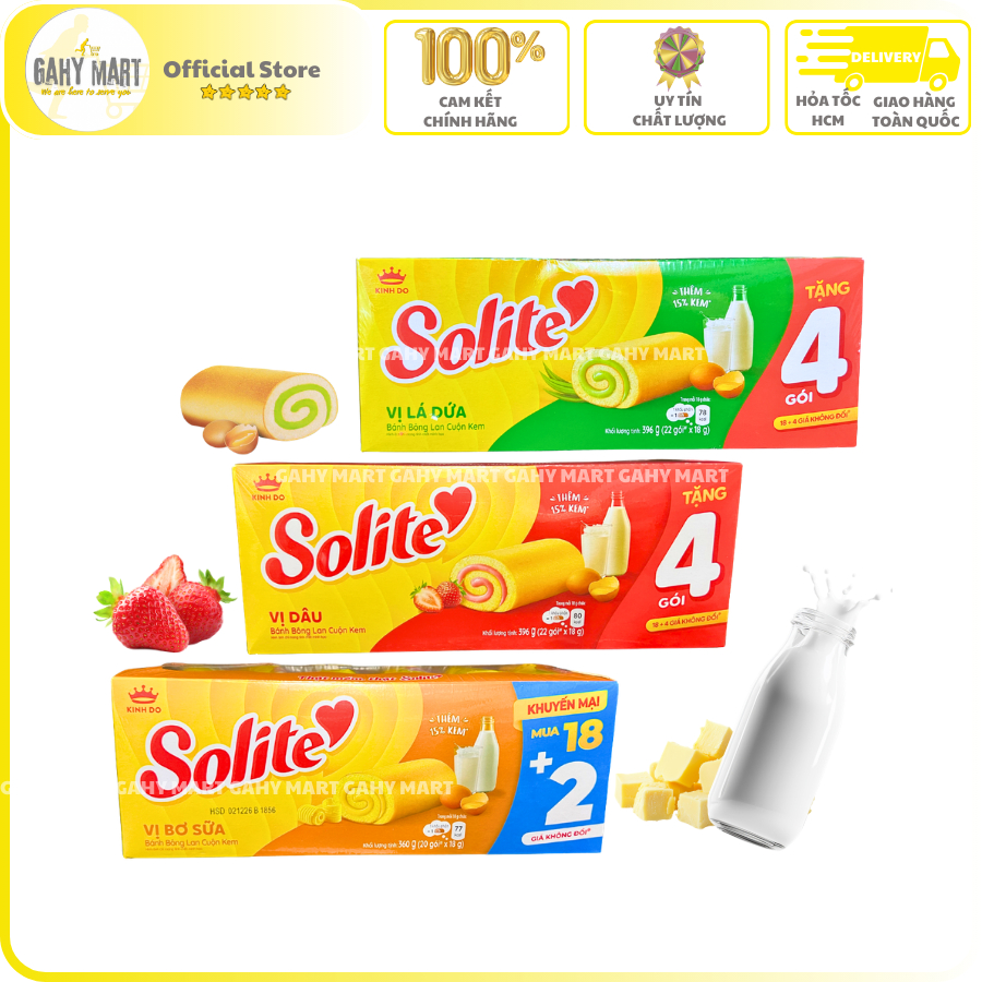 [Khuyến mãi] Bánh bông lan Cuộn Solite vị Lá Dứa/ Dâu/ Bơ sữa - Khay 18 gói ⚜️GAHY MART⚜️