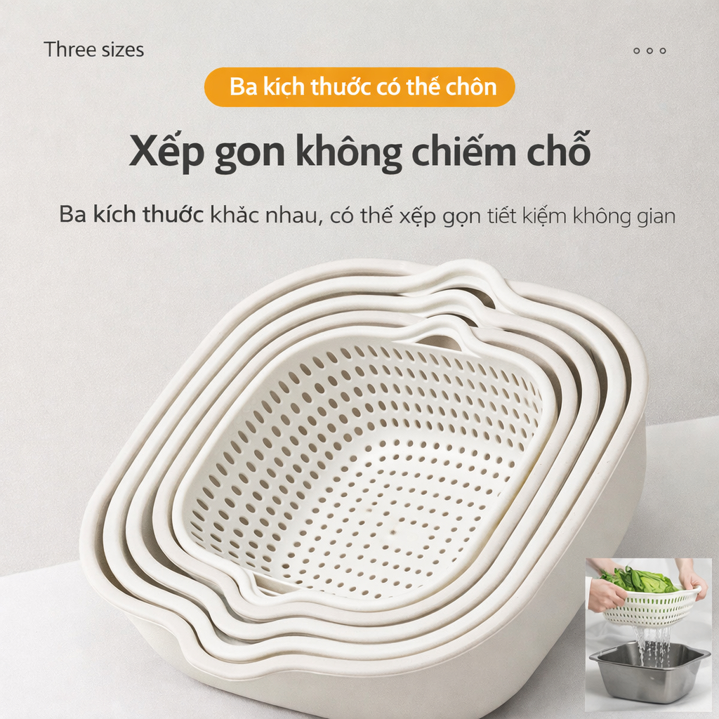 Bộ Rổ Rá Nhựa 2 Tầng Cao Cấp 6/8 Món – Rổ Rá Rửa Rau Củ Quả, Thoát Nước Nhanh Đa Năng