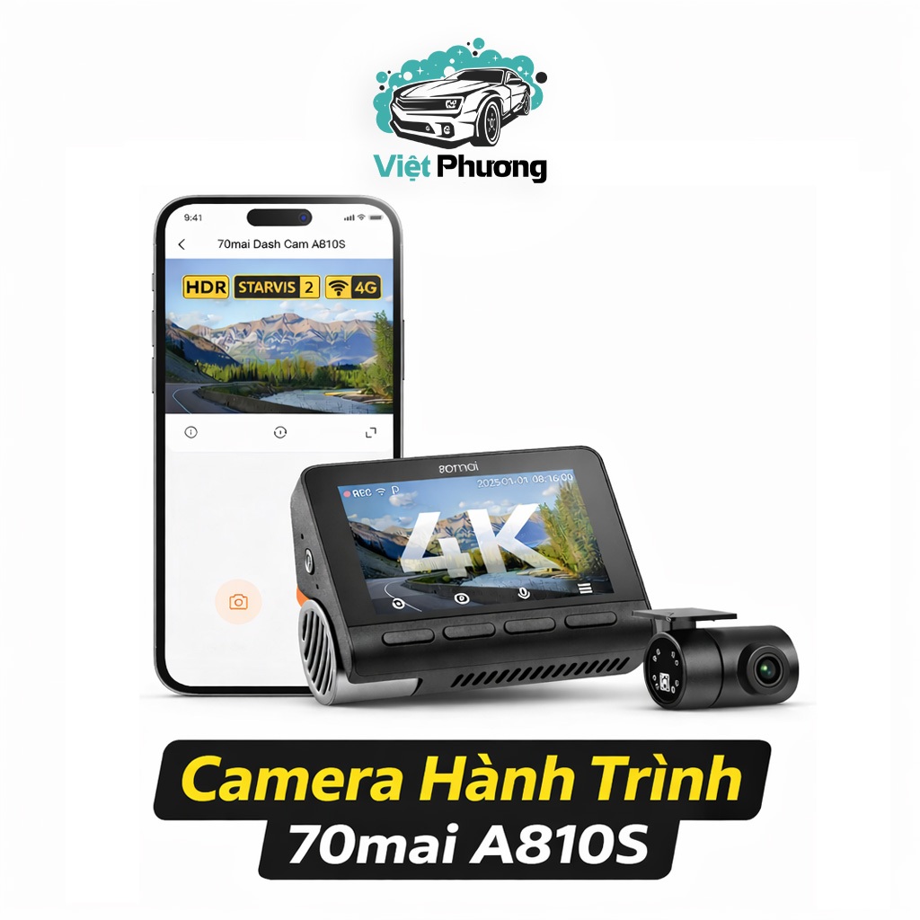 Camera Hành Trình 70mai A810S Ghi Hình Đồng Thời 2 Kênh Trước Sau 4K UHD HDR (Bản Quốc Tế)