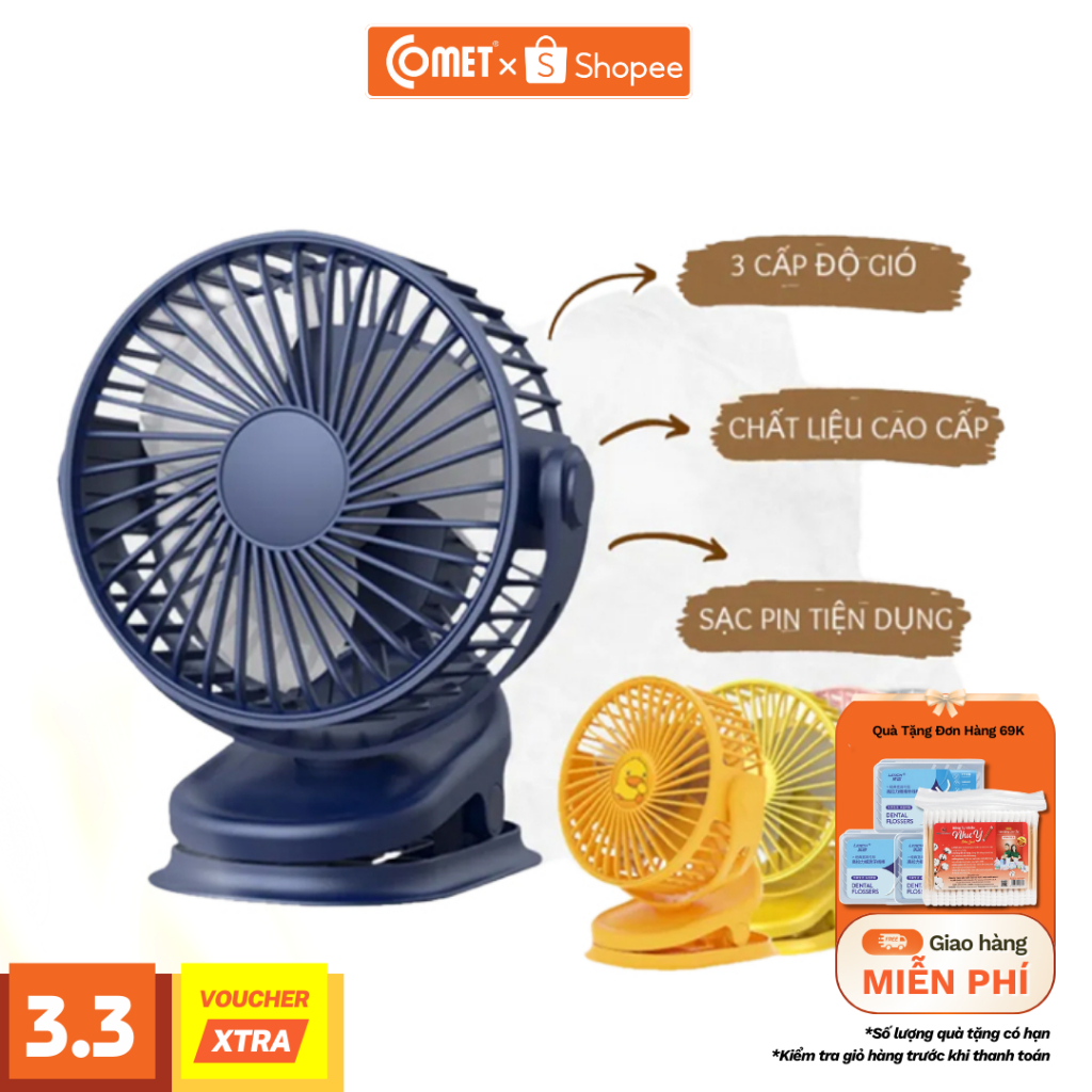 Quạt Mini Kẹp Bàn COMET - Quạt Để Bàn Sạc Điện Quay 360 Độ Tặng Kèm Dây Sạc Và Pin Tích Điện