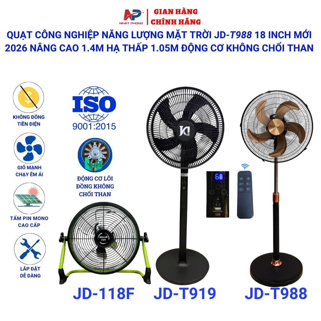 Quạt năng lượng mặt trời NHẬT PHONG SOLAR có điều khiển từ xa,Sạc Điện Thoại,Củ sạc 220V, tấm pin năng lượng,BH 1 năm