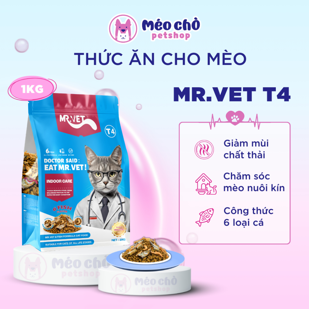 Hạt cho mèo MRVET T4 Gói 1KG Công thức 6 loại cá Cá ngừ, Cá hồi, Cá Bonito, Cá cơm, Cá tuyết