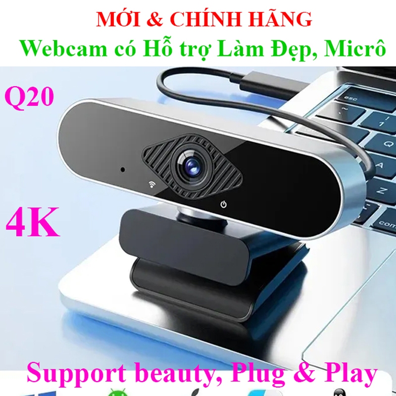 Webcam máy tính laptop cao cấp 4K UHD 3.840x2.160 Siêu Nét có mic hỗ trợ học online, livestream Q20