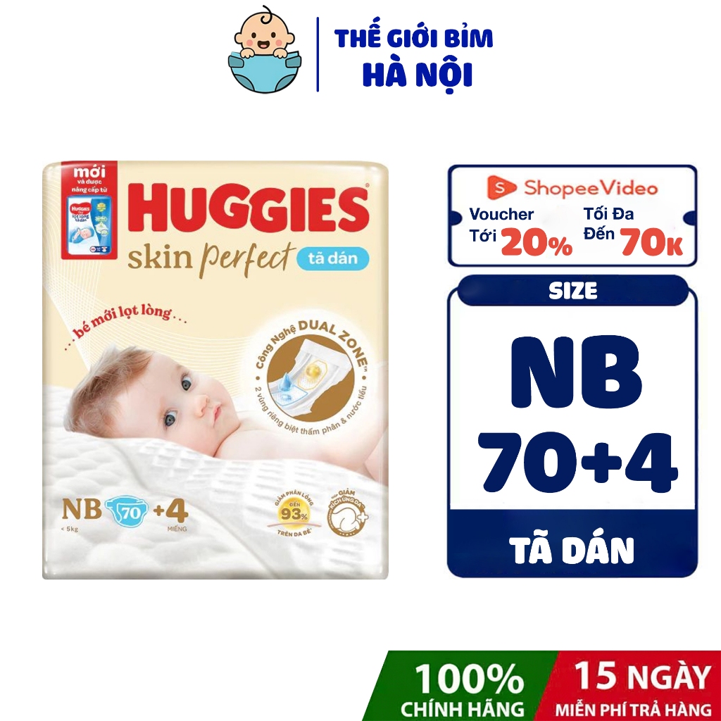 Bỉm tã dán Huggies Skin Perfect size NB70+6 dán 76 miếng < 5kg - thegioibimhanoi