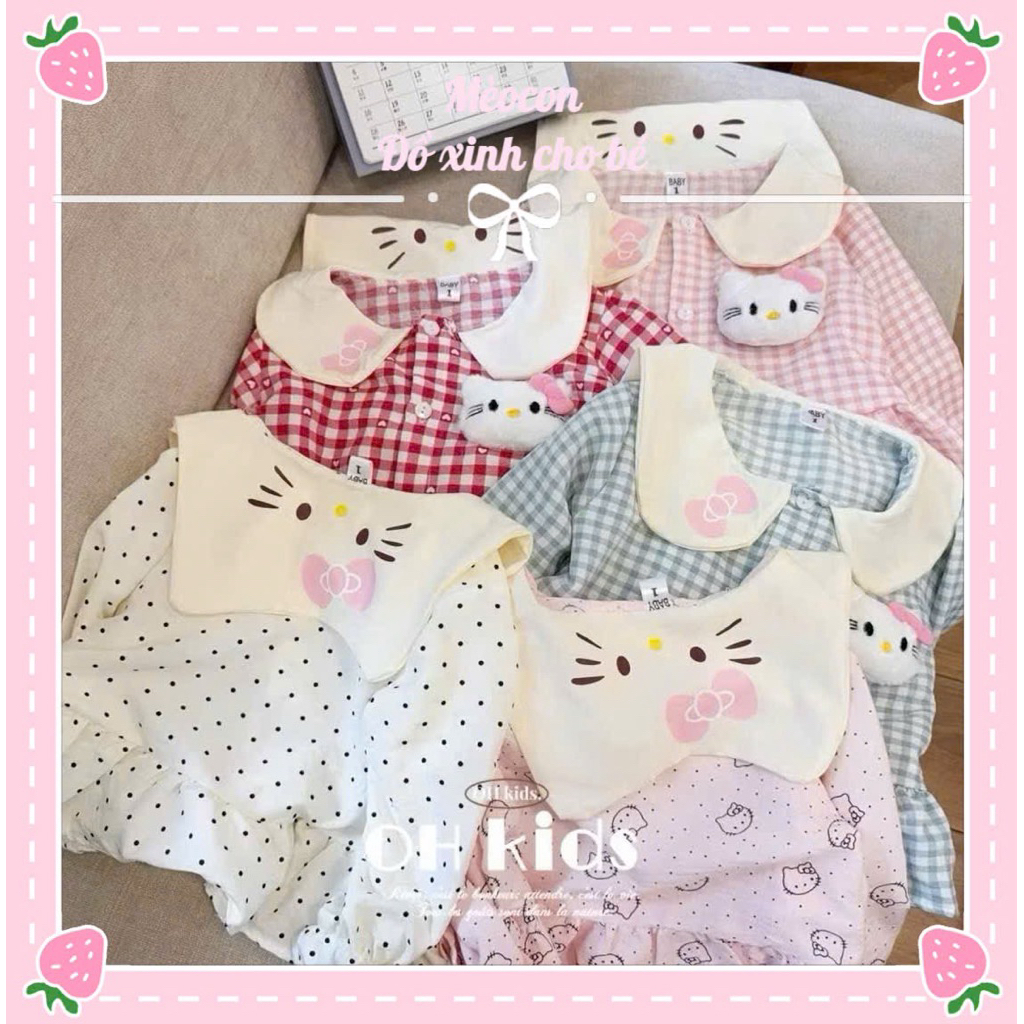 Đồ bộ bé gái, Pijama cho bé gái, Set pijama Hello Kitty kẻ caro phối bèo phong cách tiểu thư cho bé 
