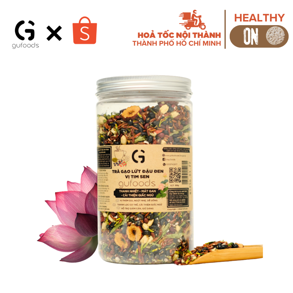 Trà gạo lứt đậu đen vị Tim sen GUfoods (hũ 500g) - Thư giãn tinh thần, Thanh nhiệt, Healthy