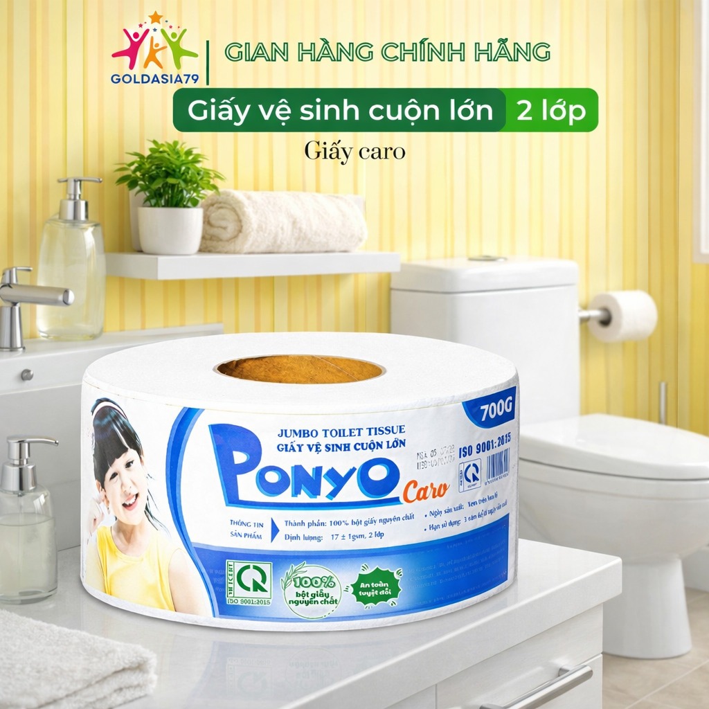 Giấy Vệ Sinh Cuộn Lớn Ponyo JB700 700g, 2 Lớp Cao Cấp Siêu Mịn, Họa Tiết Lụa/Caro, Thấm Hút Tốt – PO