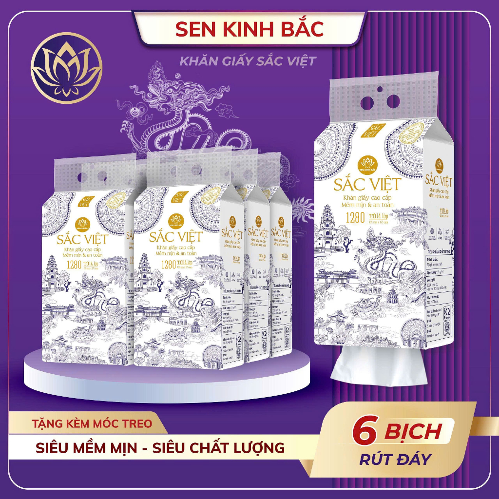 [COMBO 06 BỊCH] Giấy Rút Treo Tường Sắc Việt 1280 Tờ 4 Lớp Mềm Mịn, Thành Phần Bột Gỗ Tự Nhiên 100%