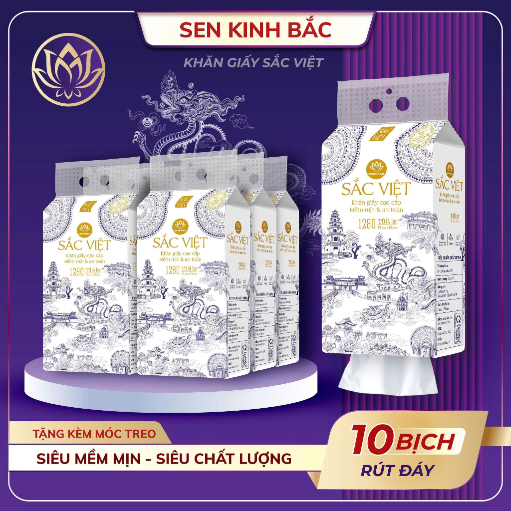 [ COMBO 10 BỊCH ] Giấy Rút Treo Tường Sắc Việt 1280 Tờ 4 Lớp Mềm Mịn,Thành Phần Bột Gỗ Tự Nhiên 100%