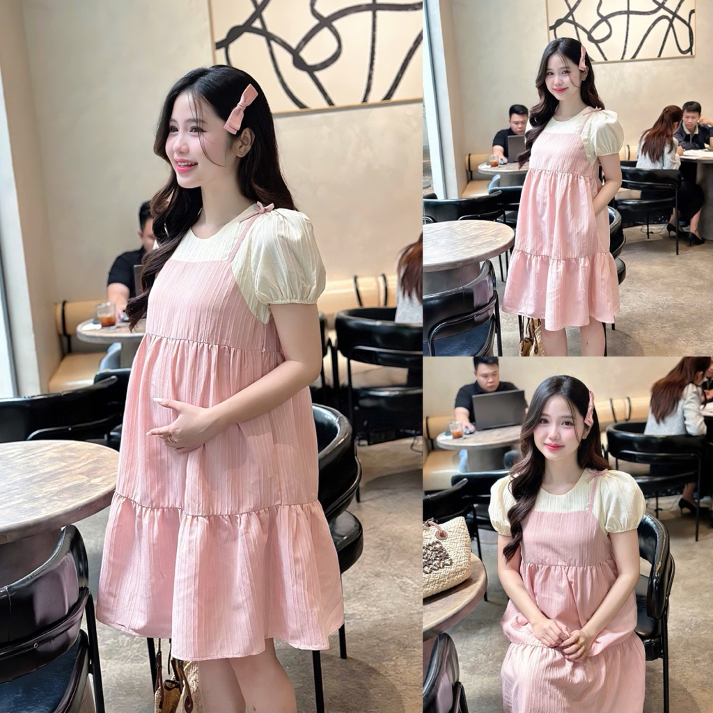 EVERMOM l Đầm bầu công sở Kica yếm liền tay phồng form babydoll trẻ trung cho mẹ mang cả bầu và sau 