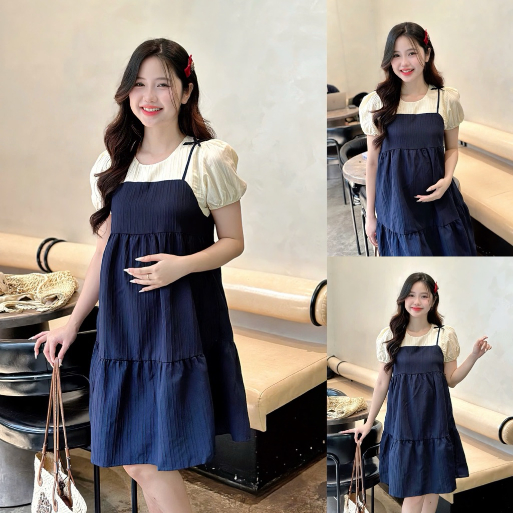 EVERMOM l Đầm bầu công sở Kica yếm liền tay phồng form babydoll trẻ trung cho mẹ mang cả bầu và sau 