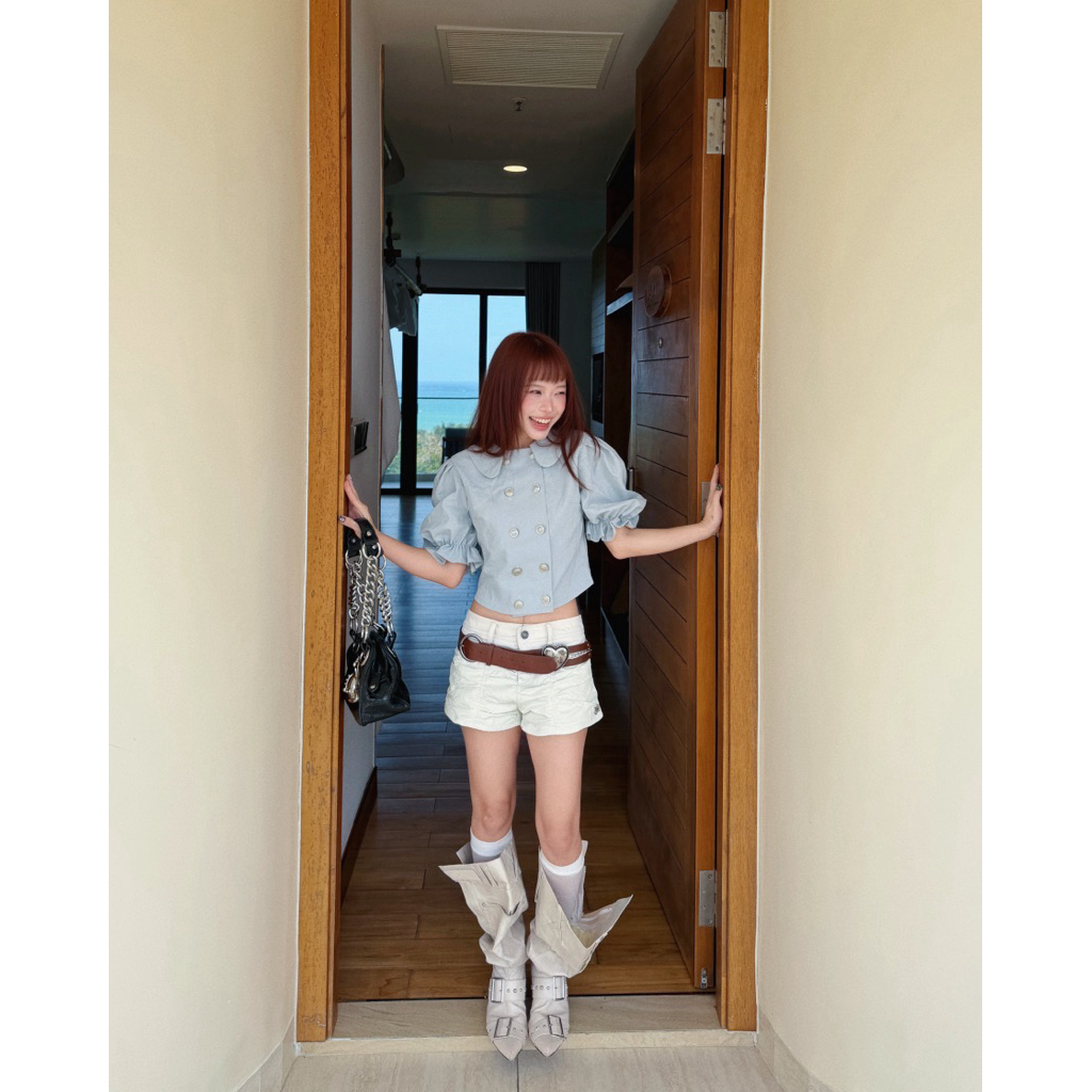 Rina Double-Breasted Top - Remmus | Áo kaki lụa co giãn nhẹ tay phồng - BST DOLLY HOUSE | BigBuy360 - bigbuy360.vn