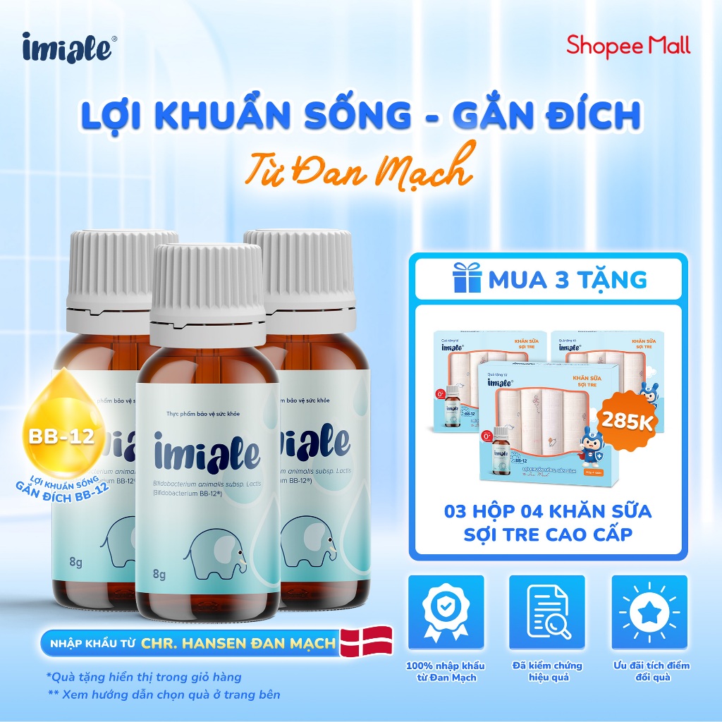 COMBO 03 IMIALE - Men vi sinh chứa lợi khuẩn Bifidobacteirum BB-12 từ Đan Mạch, cải thiện tiêu hóa, 