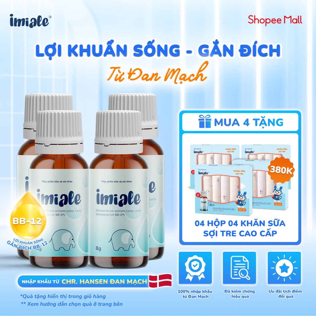 COMBO 04 IMIALE - Men vi sinh, lợi khuẩn sống gắn đích từ Đan Mạch, cải thiện tiêu hóa, biếng ăn tăn