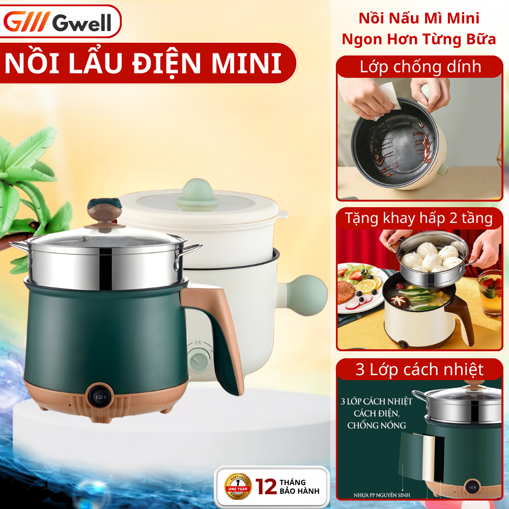 Nồi Lẩu Điện Mini Chống Dính, Nồi Nấu Mì Đa Năng Chiên Luộc Xào Nướng, Tặng Giá Hấp 2 Tầng Tiện Lợi