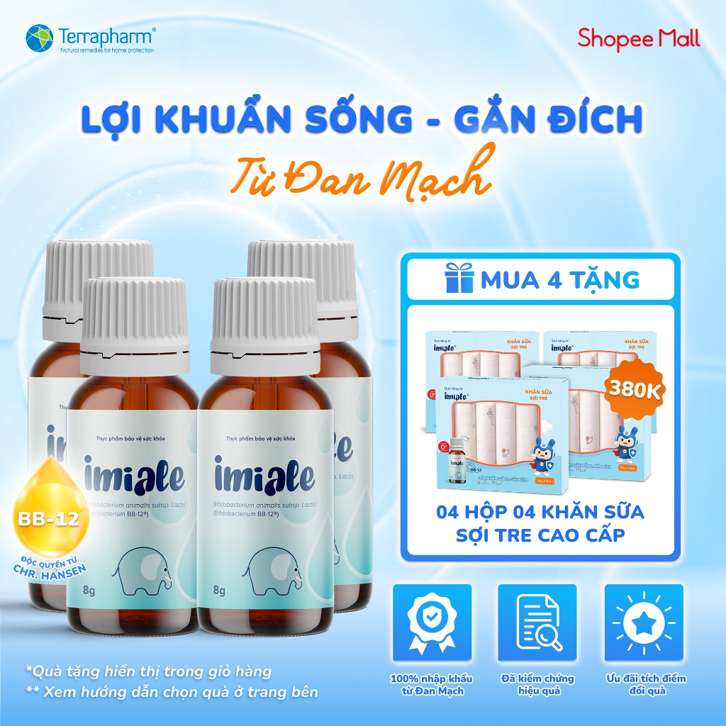 COMBO 04 Men vi sinh IMIALE cải thiện tiêu hóa, biếng ăn, tăng đề kháng từ Đan Mạch - 4 lọ x 8ml