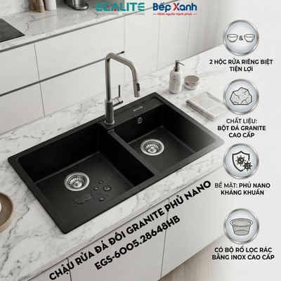 TẶNG VÒI 4TR | Chậu rửa đá Granite 1 hộc lớn Ecalite EGS-6001.7545B/6004.7948B/6001.7545LG6005.28648HB