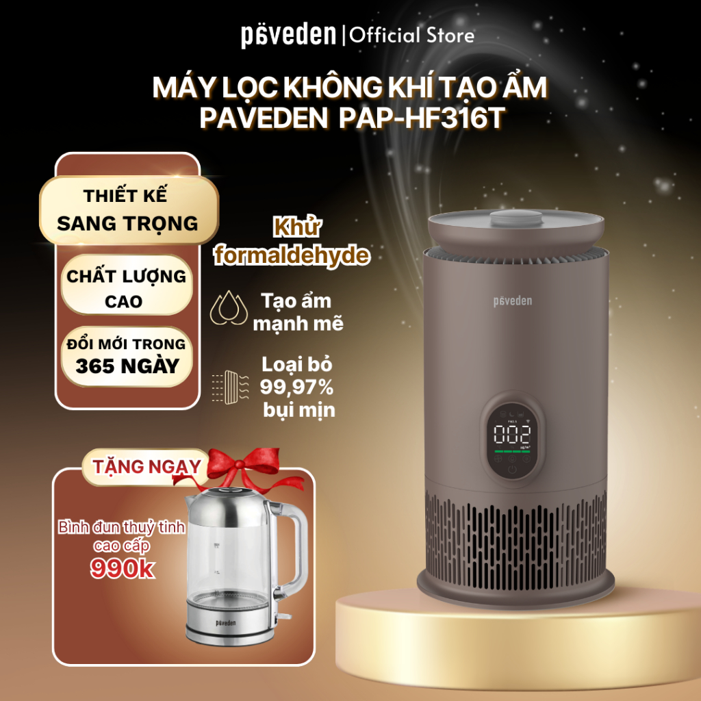 [Tặng bình đun 990K] Máy Lọc Không Khí Tạo Ẩm PAVEDEN PAP-HF316T - Lọc formaldehyde- Đổi mới 365 ngày