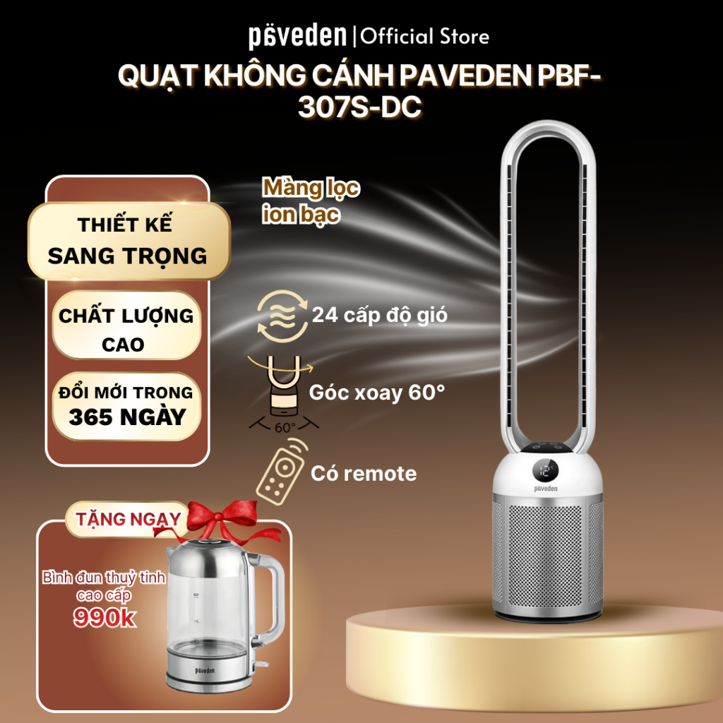 [Tặng bình đun 990K] Quạt Không Cánh Paveden PBF-307S-DC/PBF-307S-DC/ PBF-9070AW - Đổi mới 365 ngày