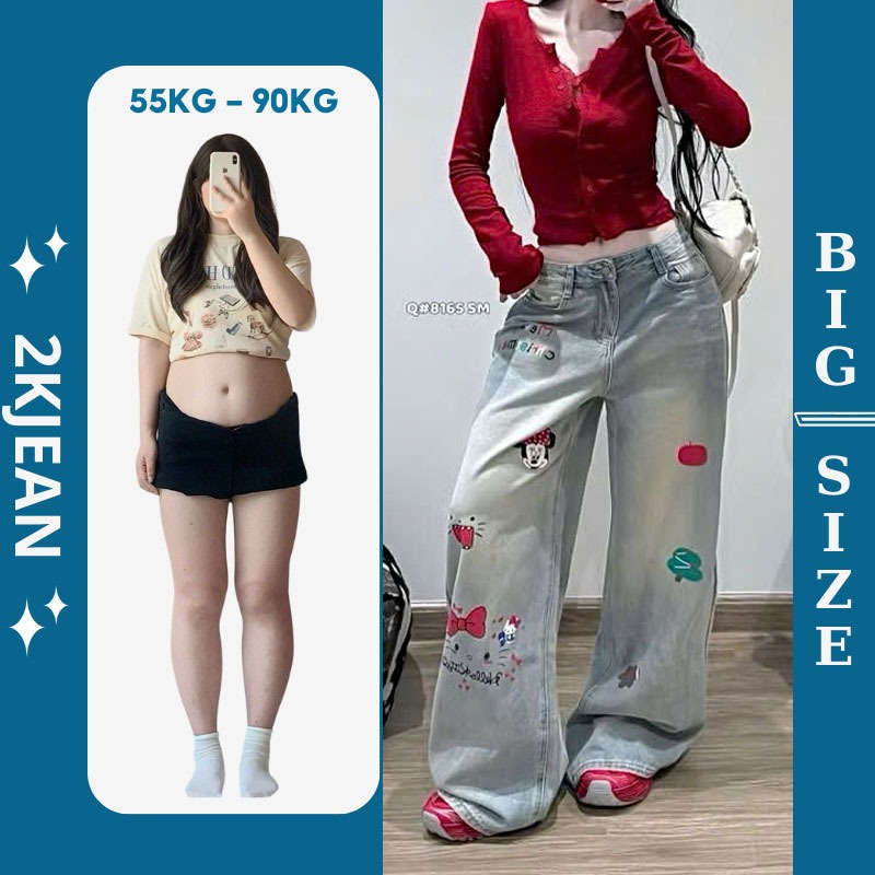 Quần suông ống rộng jean nữ thêu hình Bigsize 55-90kg, kiểu form ống rộng thêu hàng QC 2KJeans QC254